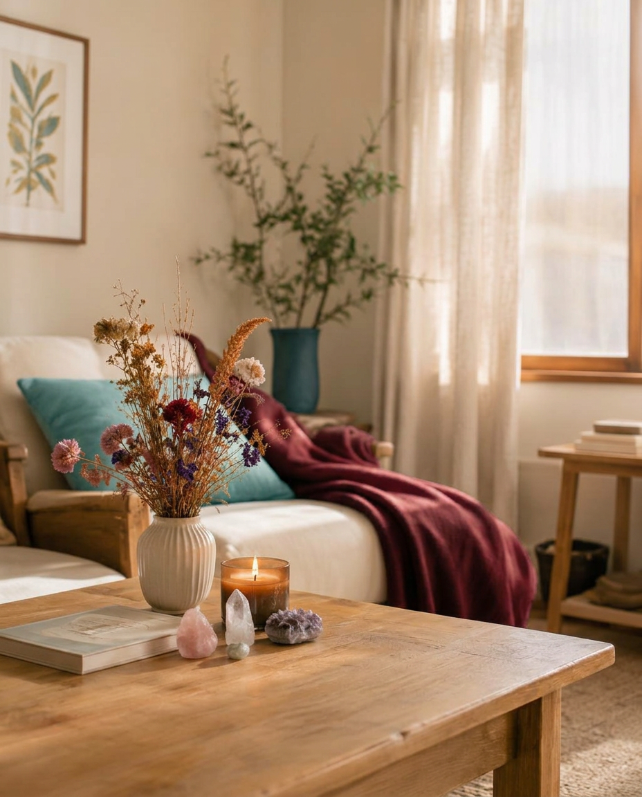 Ambiente de terapia acolhedor com flores secas e cristais